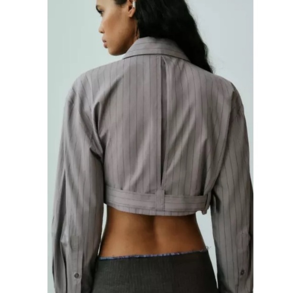 Zara collared crop shirt belted stripe long sleeve flattering dart back NWT rare - Picture 6 of 14